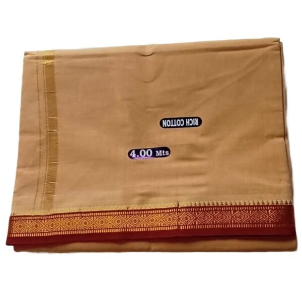 Beige Cotton Dhoti 4 Meters With Small Maroon Border Unstitched Folded
