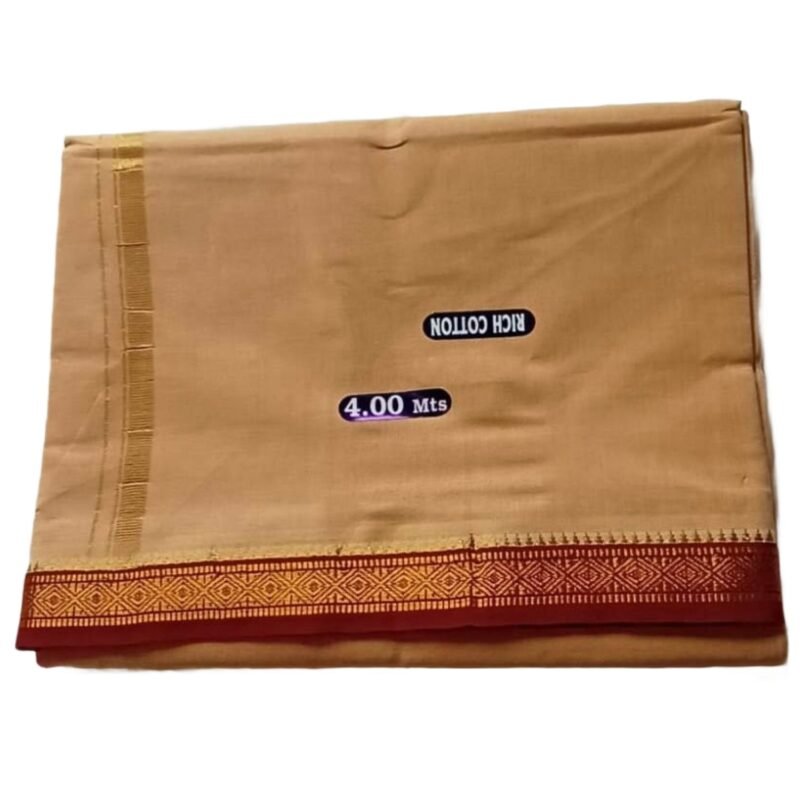 Beige Cotton Dhoti 4 Meters With Small Maroon Border Unstitched Folded