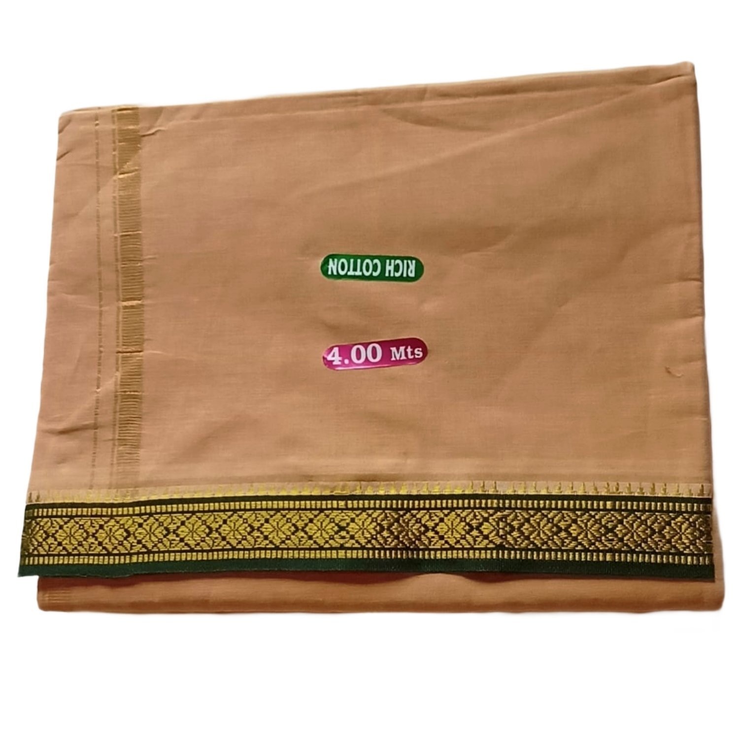 Beige Cotton Dhoti 4 Meters With Small Green Border Unstitched Folded