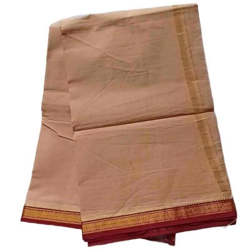Beige Cotton Dhoti 4 Meters With Small Maroon Border Unstitched Unfolded1
