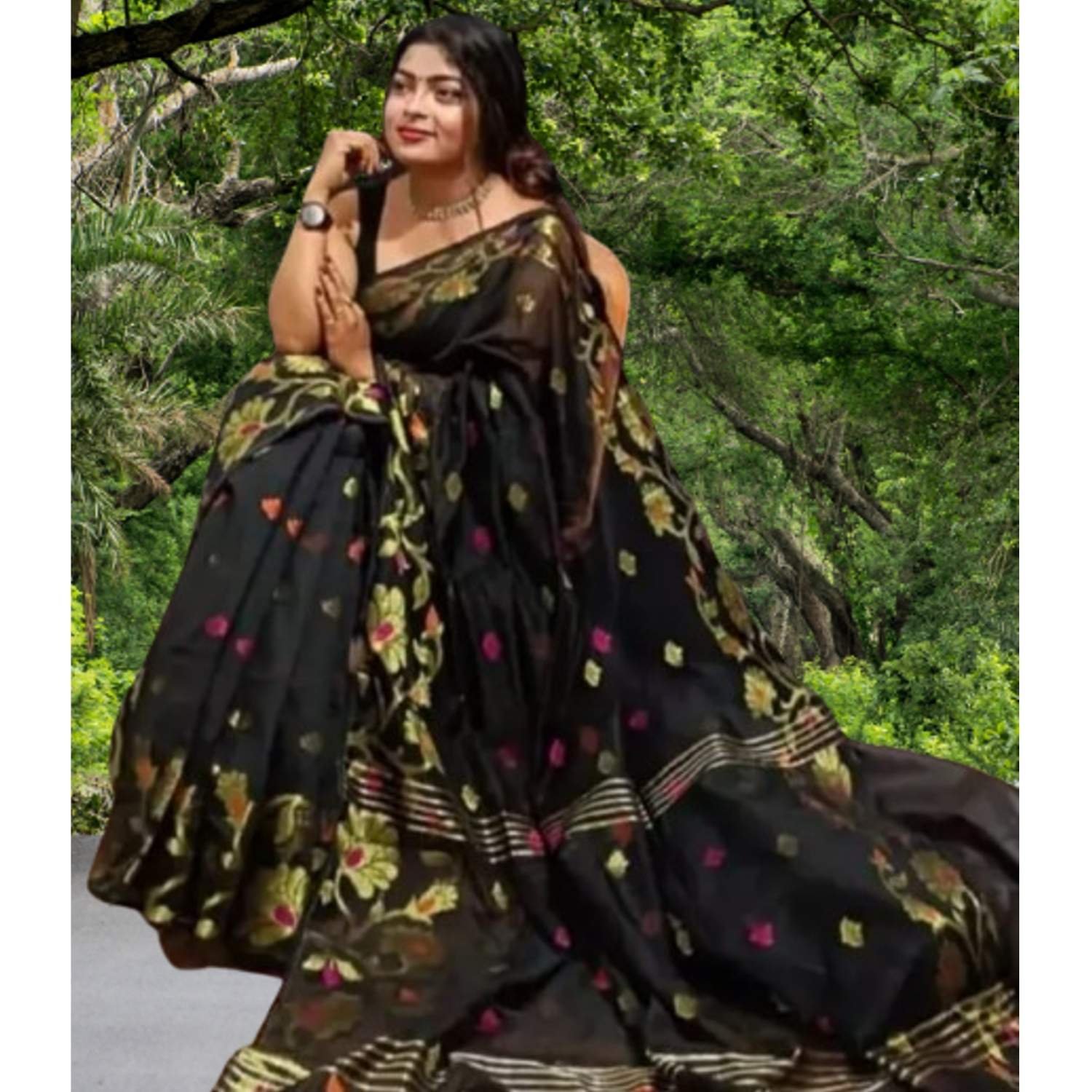Black Cotton Silk Saree With Blouse For Women Model 2 Lifestyle