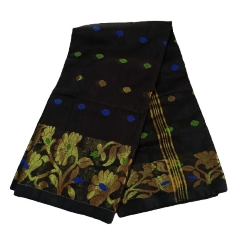 Black Cotton Silk Saree With Blouse For Women Unfolded