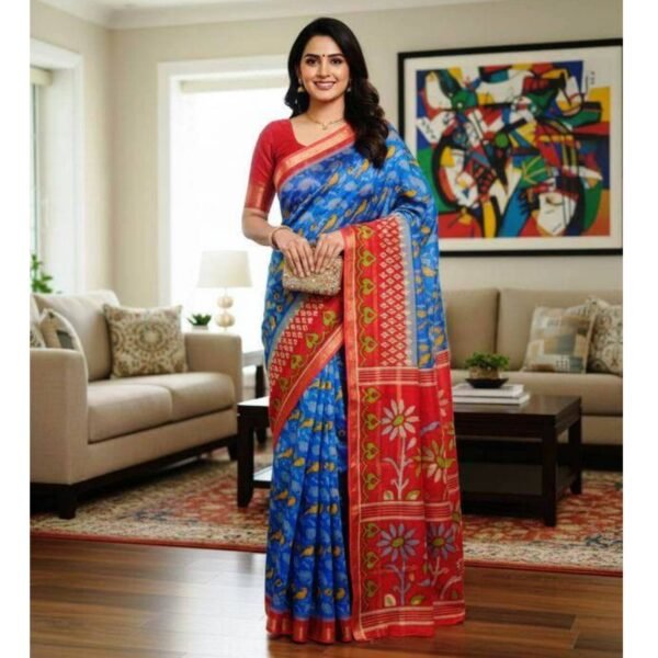 Blue Cotton Saree With Blouse For Women Model 1 Lifestyle