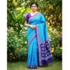 Peacock Blue Cotton Saree With Blouse for Women Model 2 Lifestyle