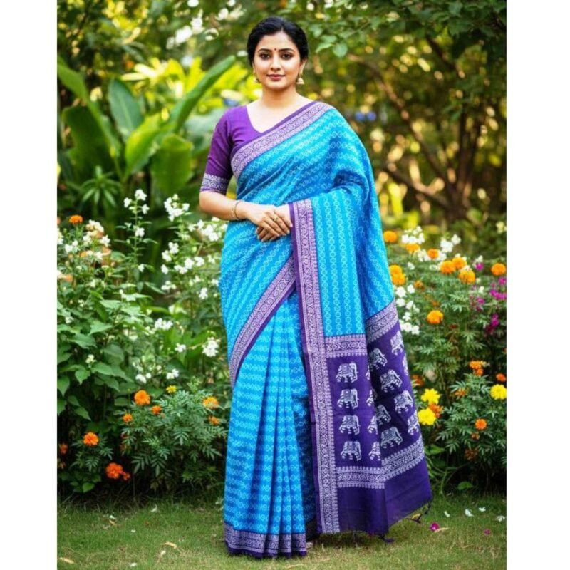 Peacock Blue Cotton Saree With Blouse for Women Model 2 Lifestyle