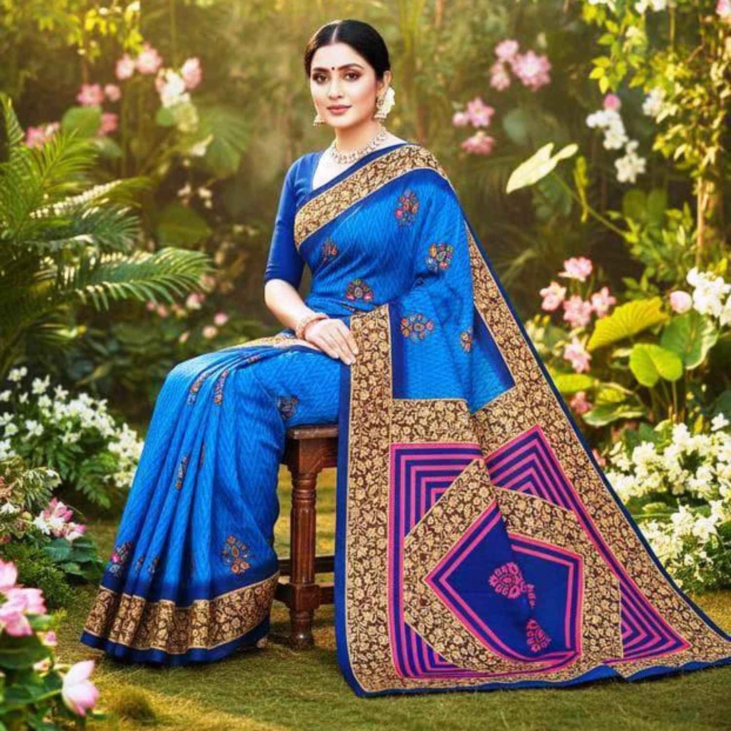 Blue Cotton Saree With Blouse For Women Model 4 Lifestyle