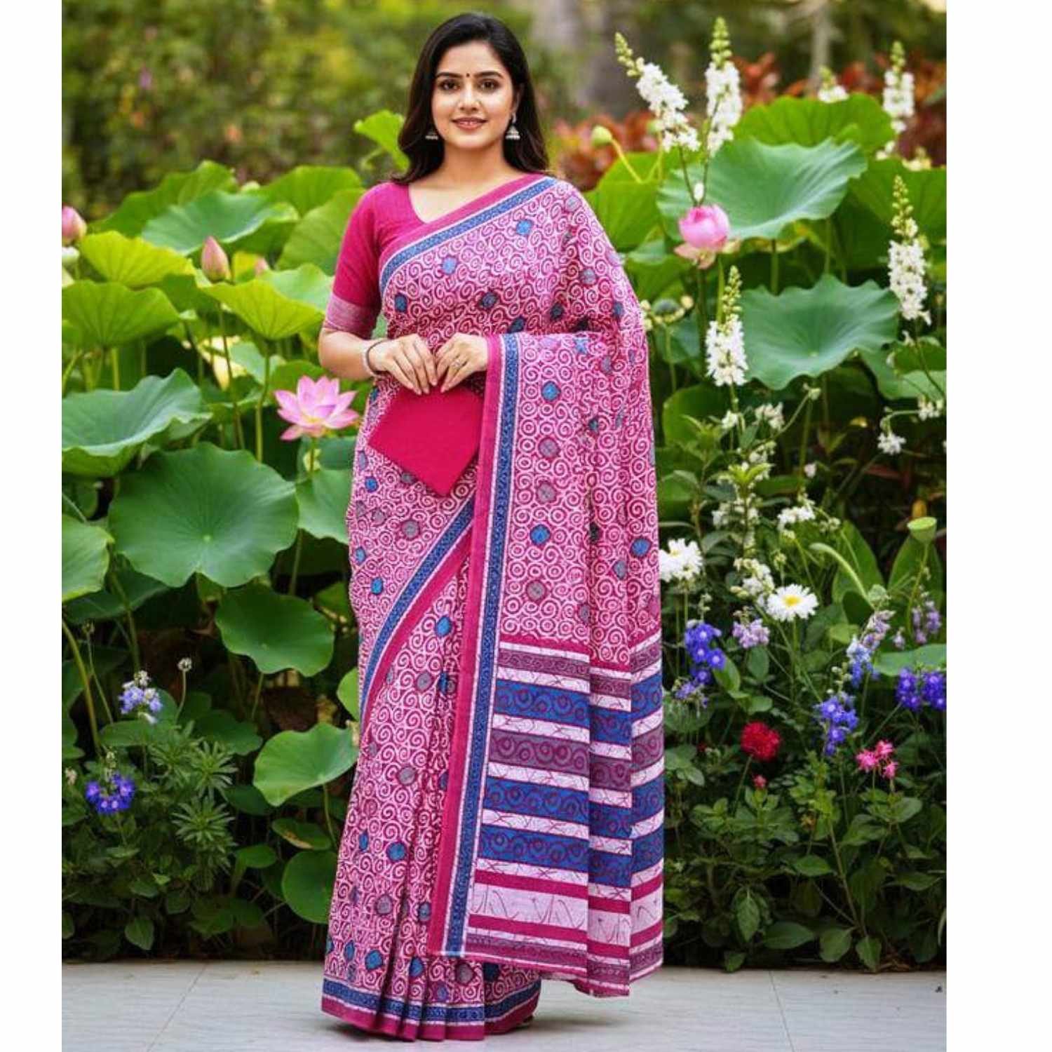 Pink Cotton Saree With Blouse for Women Model 4 Lifestyle