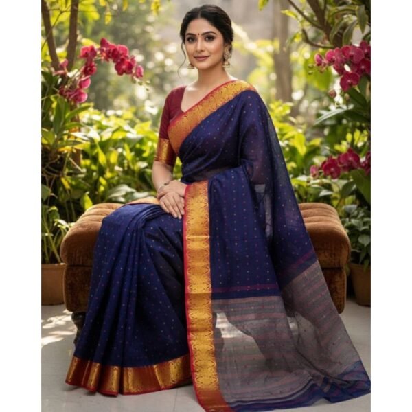Navy Blue Cotton Saree Without Blouse For Women Model 2 Lifestyle
