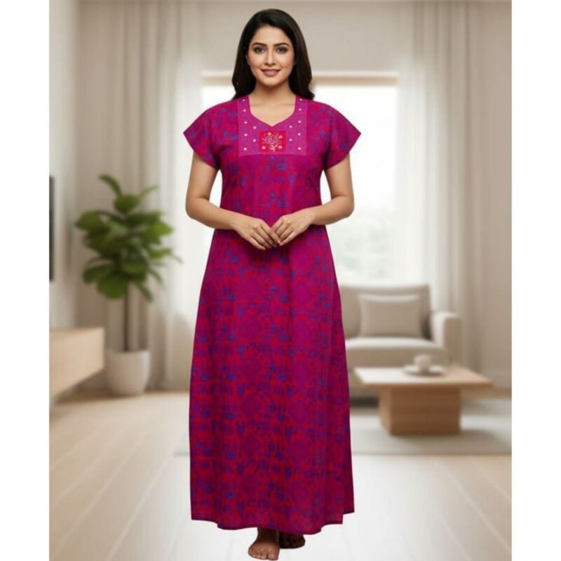 Embroidered Cotton Nighty For Women Model 1 Lifestyle