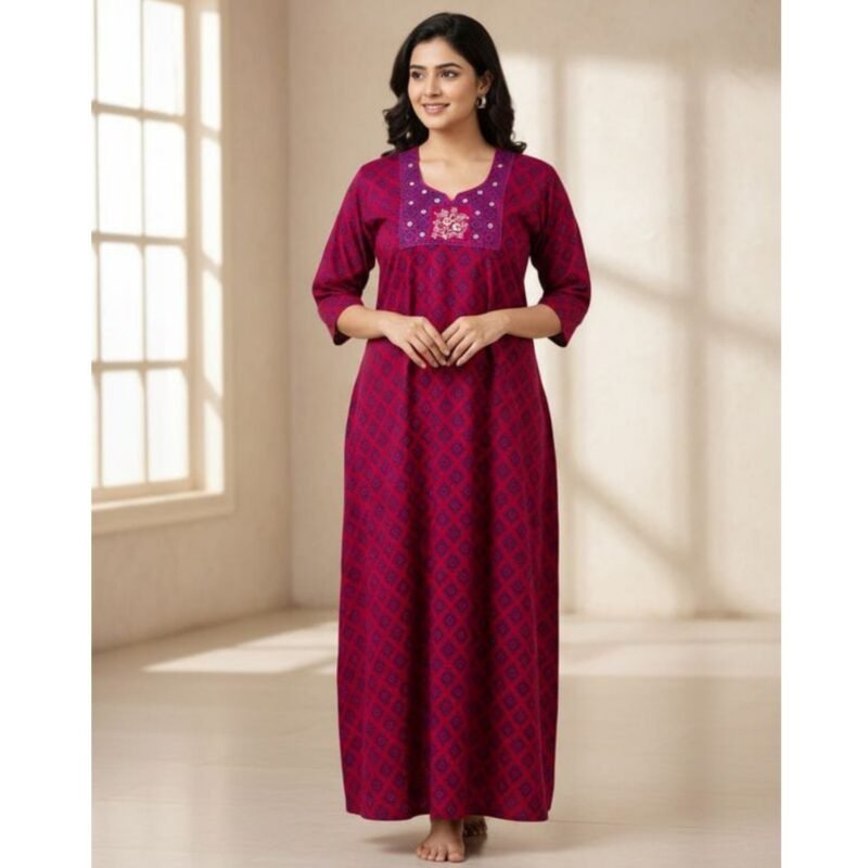 Embroidered Cotton Nighty For Women Model 2 Lifestyle