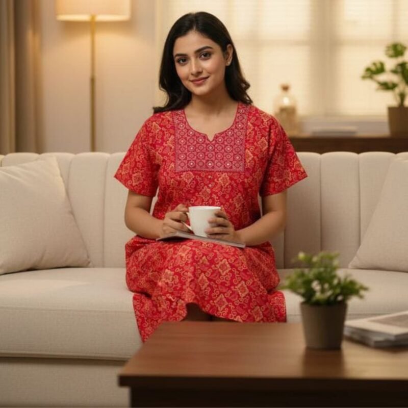 Embroidered Cotton Nighty For Women Model 4 Lifestyle