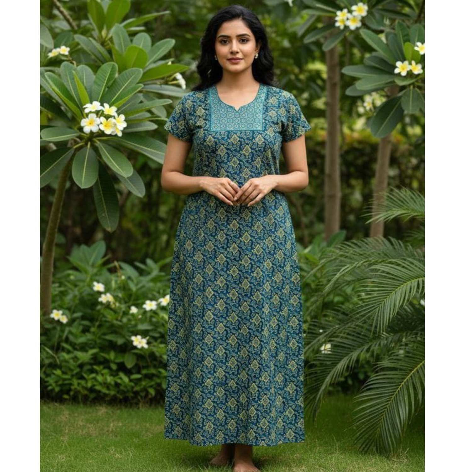 Embroidered Cotton Nighty For Women Model 6 Lifestyle