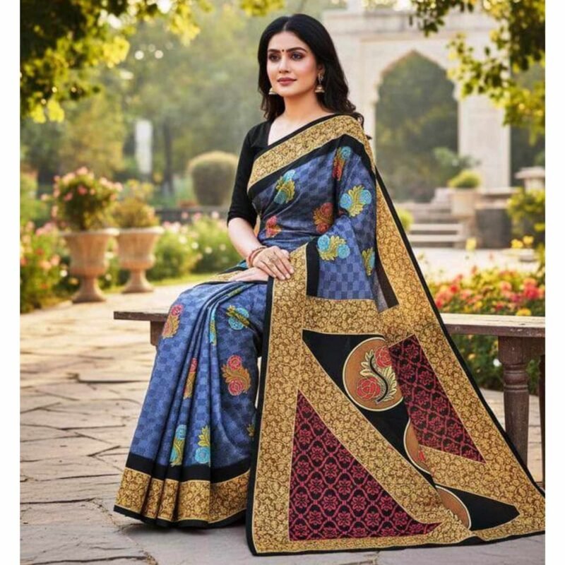 Grey Cotton Saree With Blouse For Women Model 2 Lifestyle