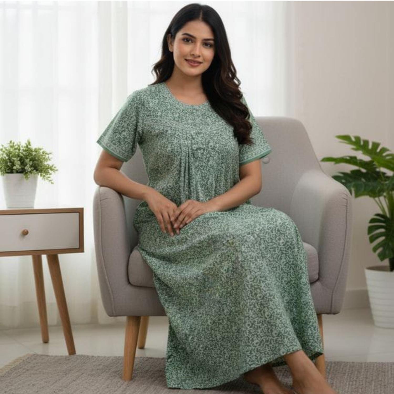 Jyothika Cotton Nighty With Pocket For Women Model 2 Lifestyle
