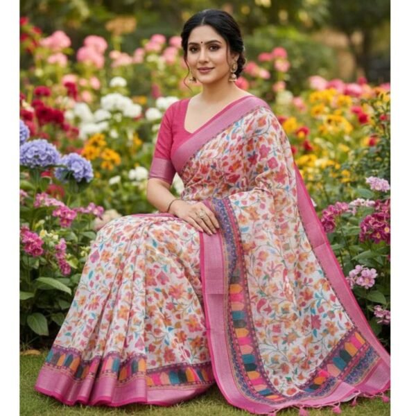 Linen Saree With Blouse For Women Model 1 Lifestyle