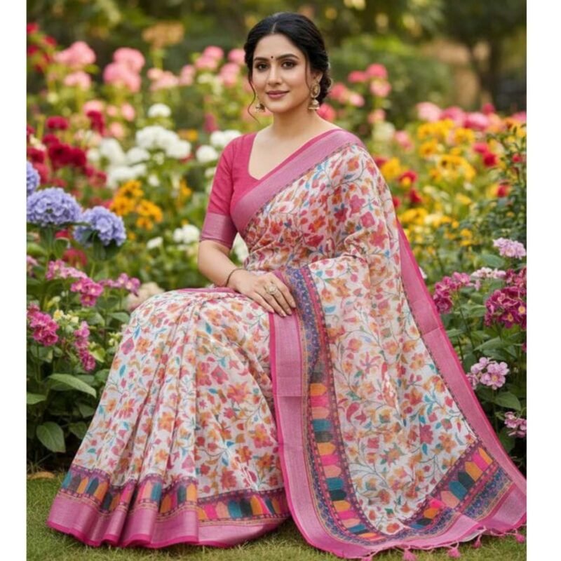 Linen Saree With Blouse For Women Model 1 Lifestyle