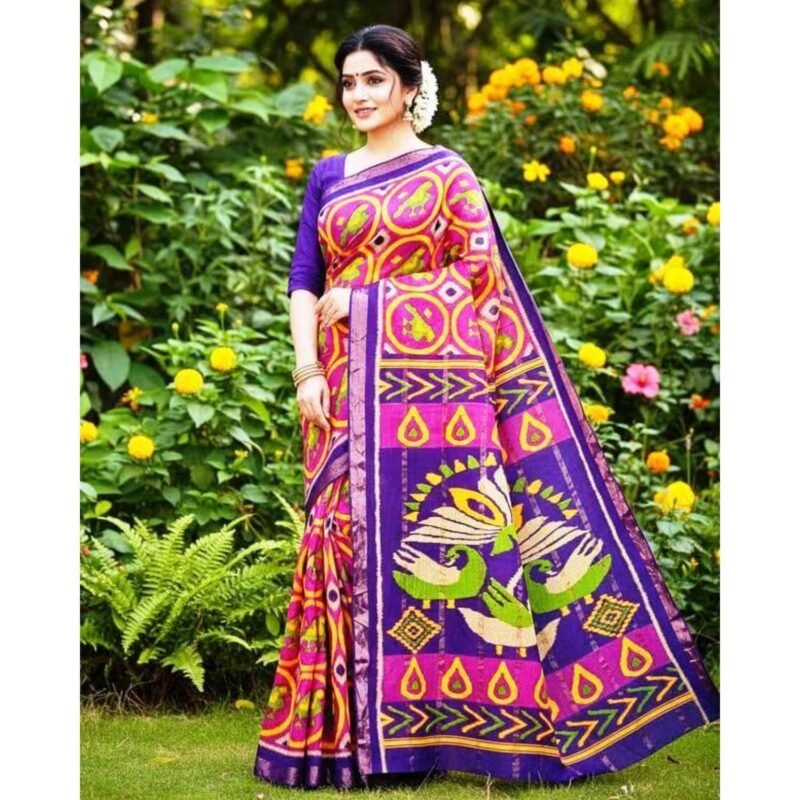 Rani Pink Cotton Saree With Blouse For Women Model 2 Lifestyle