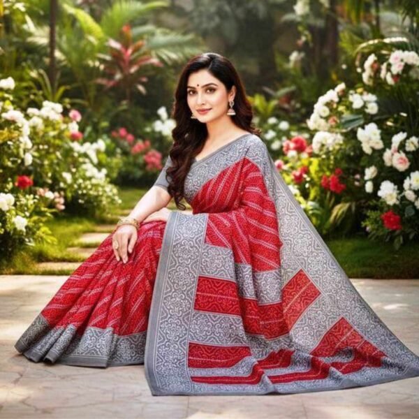 Red Cotton Saree With Blouse for Women Model 4 Lifestyle