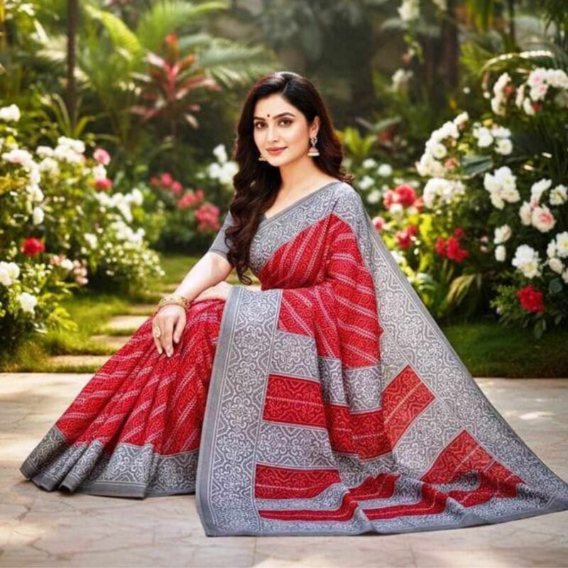 Red Cotton Saree With Blouse for Women Model 4 Lifestyle