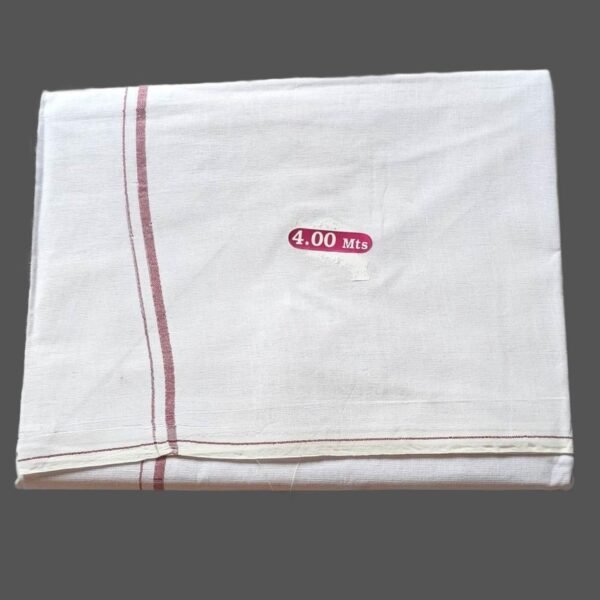 White Cotton Dhoti 4 Meters With Maroon Border Line Unstitched Folded