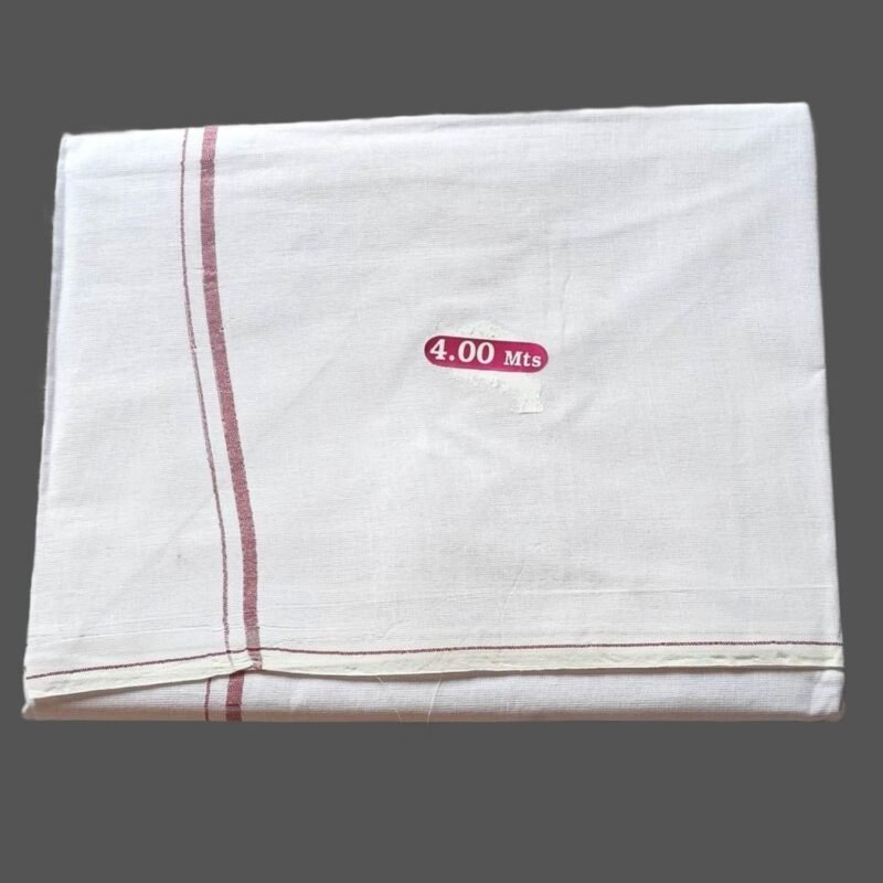 White Cotton Dhoti 4 Meters With Maroon Border Line Unstitched Folded