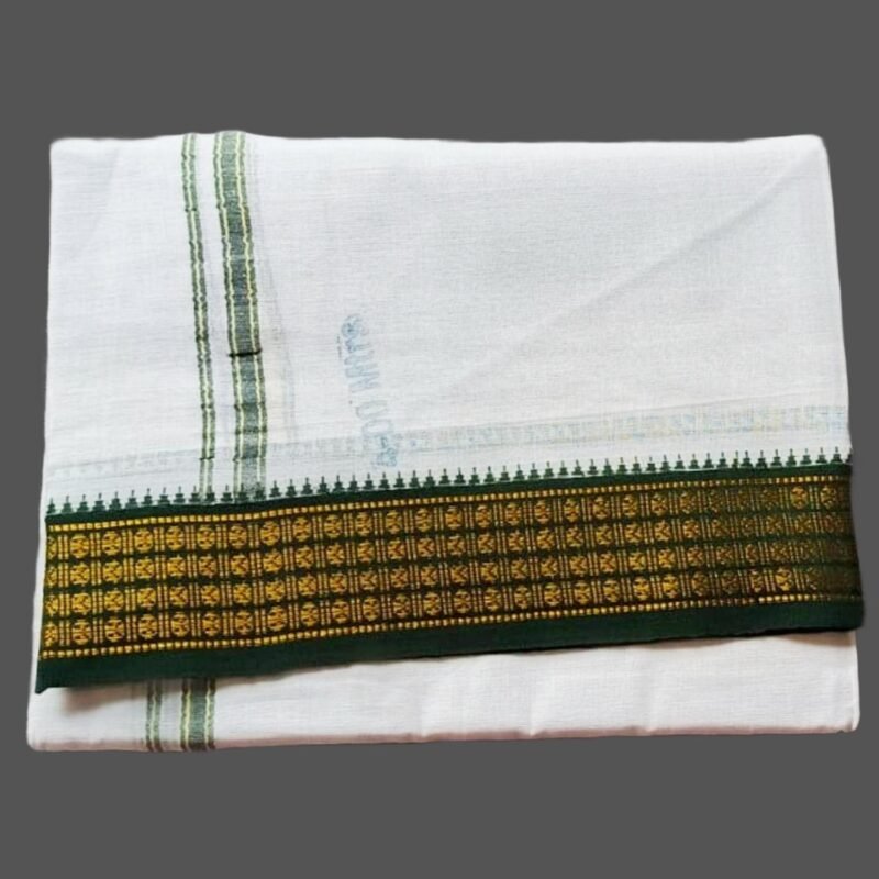White Cotton Dhoti 4 Meters with Green & Maroon Border Unstitched Folded