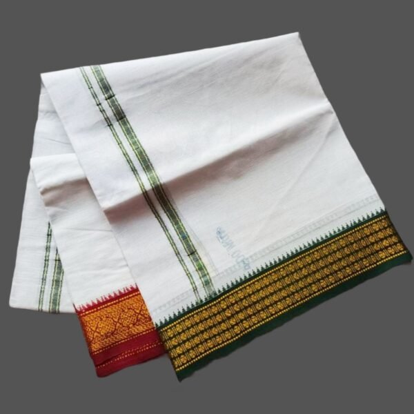 White Cotton Dhoti 4 Meters with Big Green & Maroon Border Unstitched unfolded