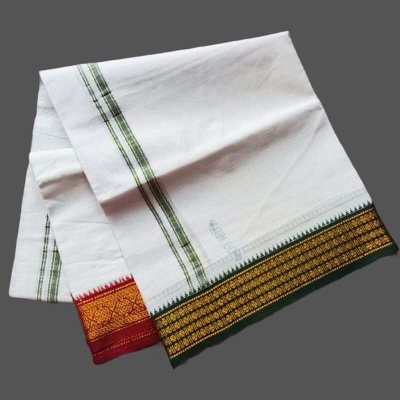 White Cotton Dhoti 4 Meters with Big Green & Maroon Border Unstitched unfolded