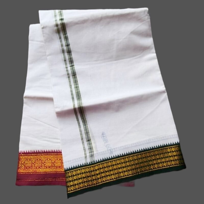 White Cotton Dhoti 4 Meters with Green & Maroon Border Unstitched unfolded1