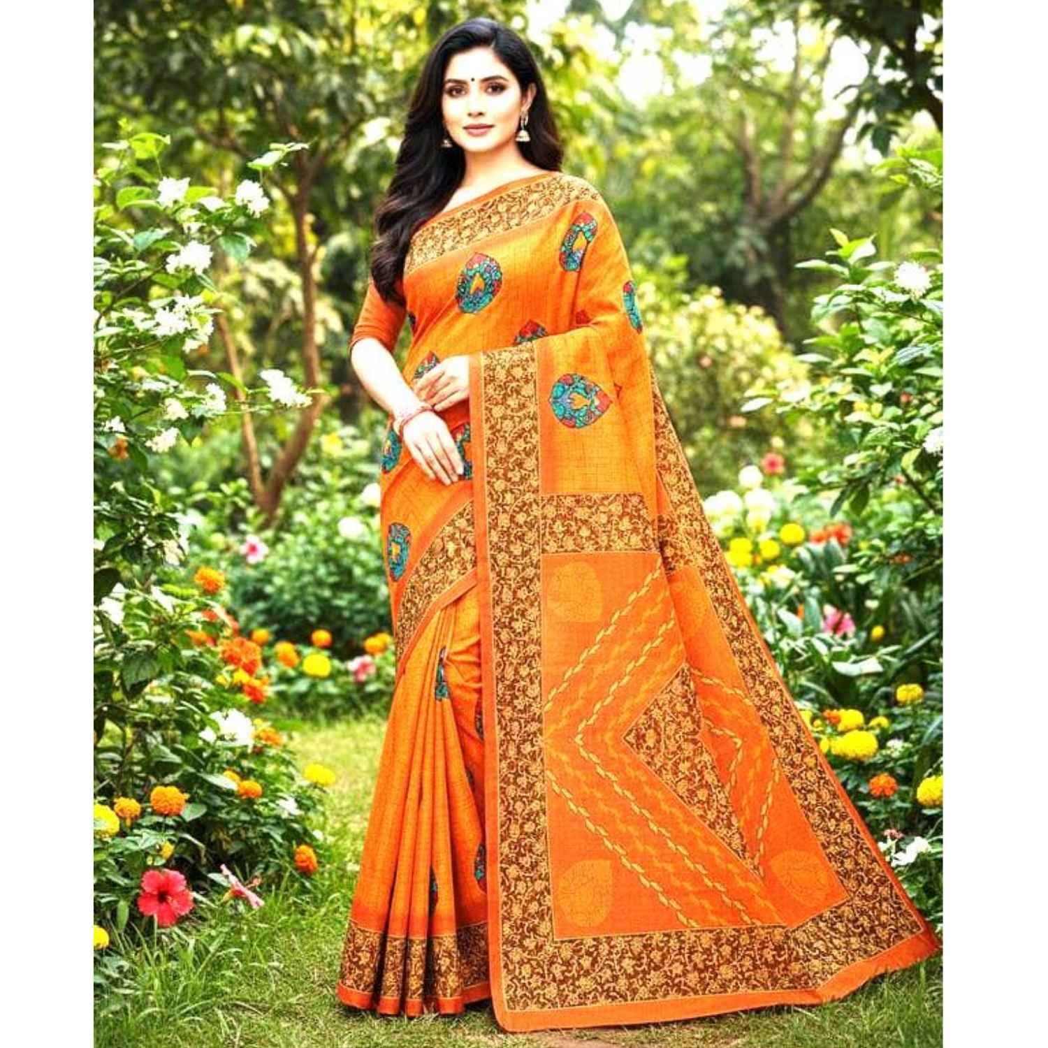 Mustard Yellow Cotton Saree With Blouse For Women Model 1 Lifestyle