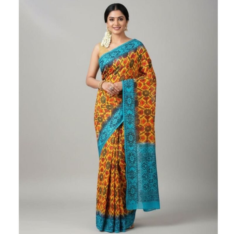 Yellow Cotton Saree With Blouse For Women Model 1 Lifestyle