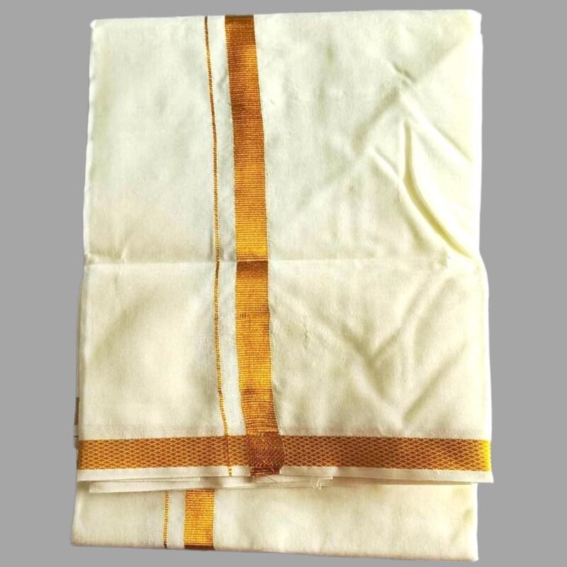 Cream Cotton Dhoti 4 Meters with Gold Border Unstitched Unfolded