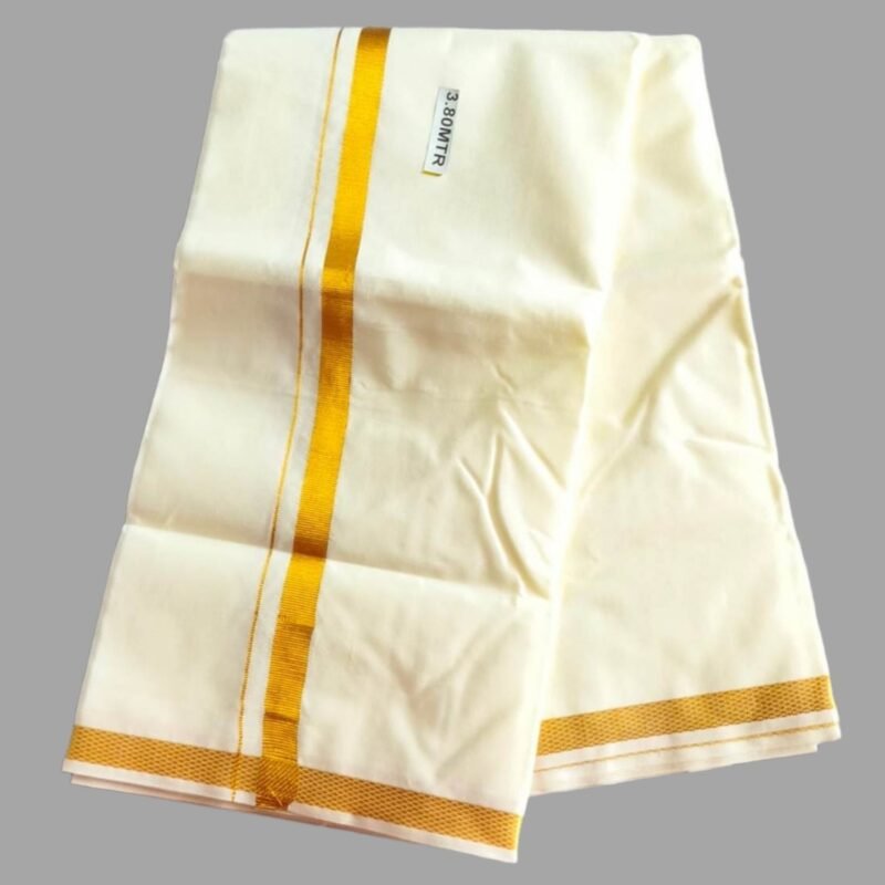 Cream Cotton Dhoti 4 Meters with Gold Border Unstitched Unfolded1
