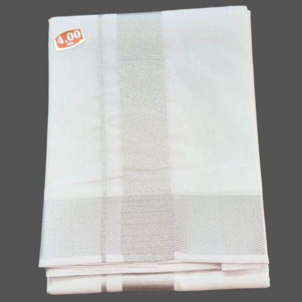 White Cotton Dhoti 4 Meters with Big Silver Border Unstitched Folded