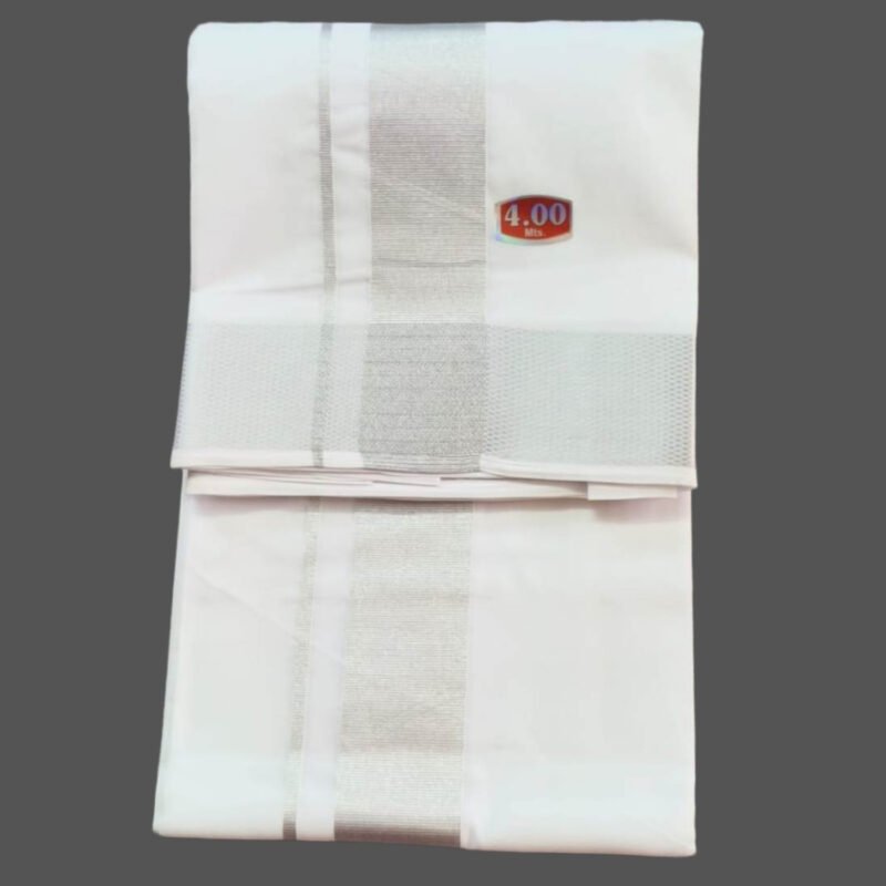 White Cotton Dhoti 4 Meters with Big Silver Border Unstitched Unfolded