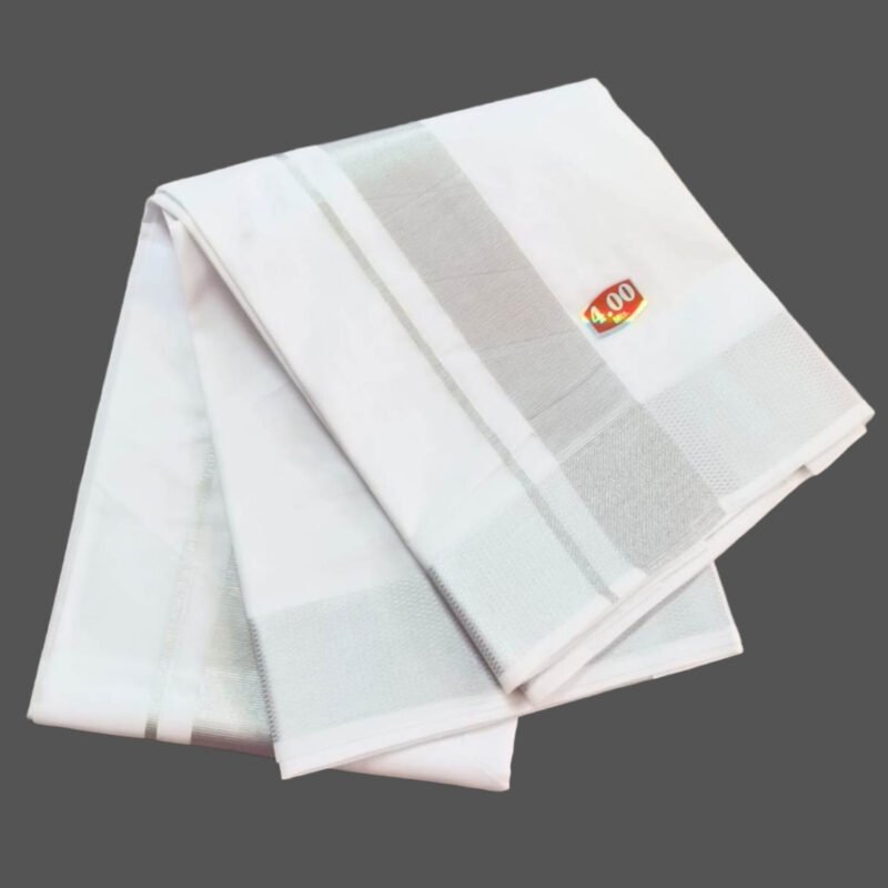 White Cotton Dhoti 4 Meters with Big Silver Border Unstitched Unfolded1