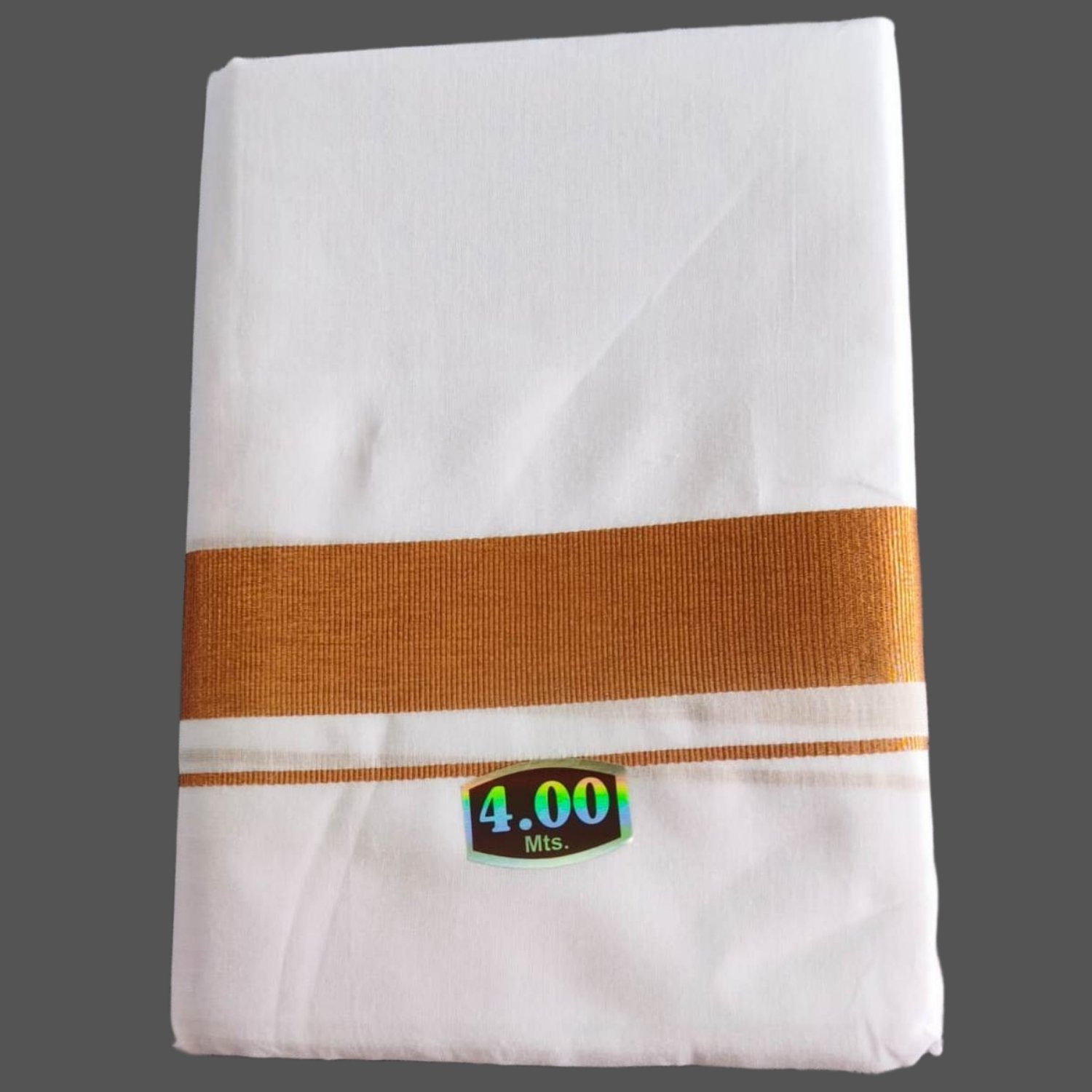 White Cotton Dhoti 4 Meters with Copper Border Unstitched Folded