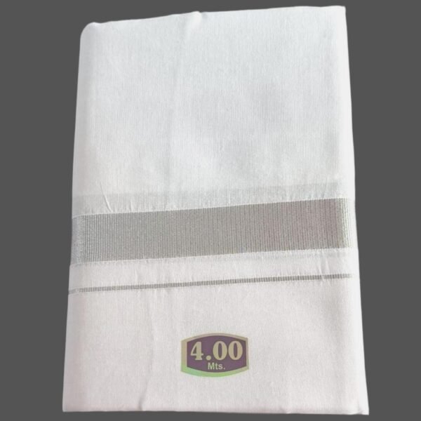 White Cotton Dhoti 4 Meters with Silver Border Unstitched Folded