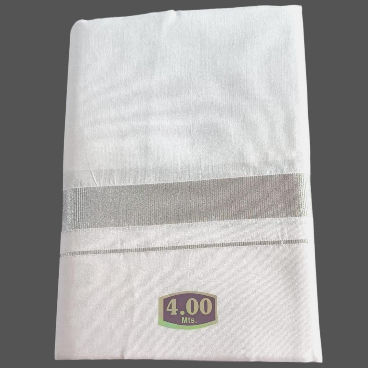 White Cotton Dhoti 4 Meters with Silver Border Unstitched Folded