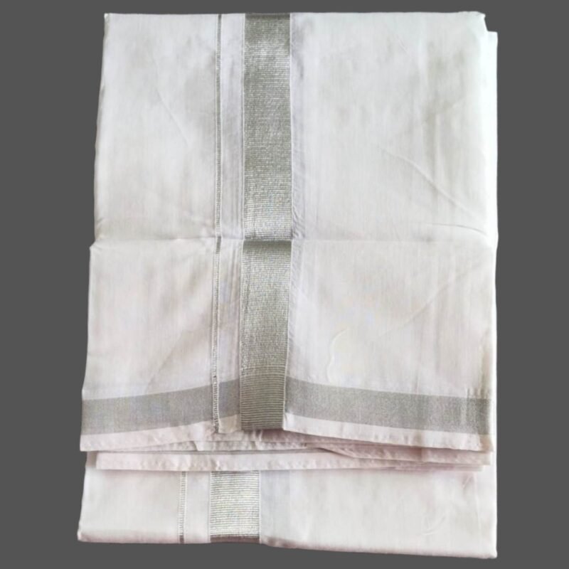 White Cotton Dhoti 4 Meters with Silver Border Unstitched Unfolded