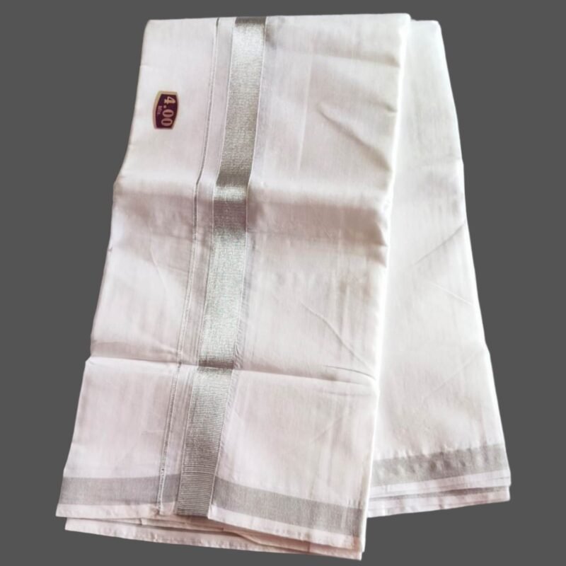 White Cotton Dhoti 4 Meters with Silver Border Unstitched Unfolded1