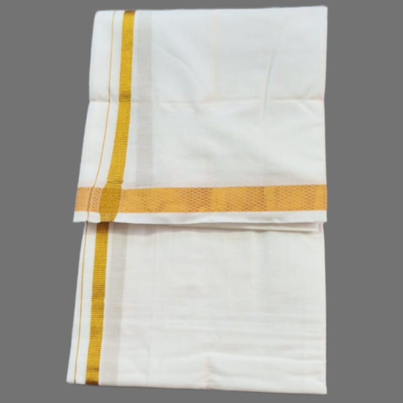 White Cotton Lungi 2 Meters with Dark Gold Border Unstitched Unfolded