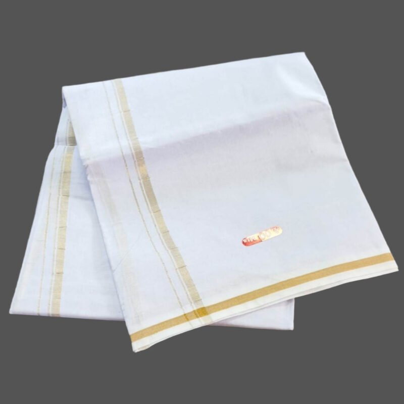 White Cotton Dhoti 4 Meters With Gold Zari Border Unstitched Unfolded1